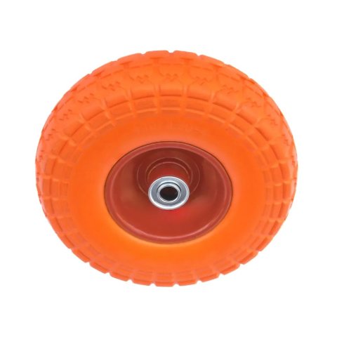 PU 1802-20 - Колесо для тачки / тележки полиуретановое бескамерное 4.10/3.50-4, сварной диск, диаметр 260 мм, ось 20 мм, металлический обод, симметричная ступица, шариковый подшипник